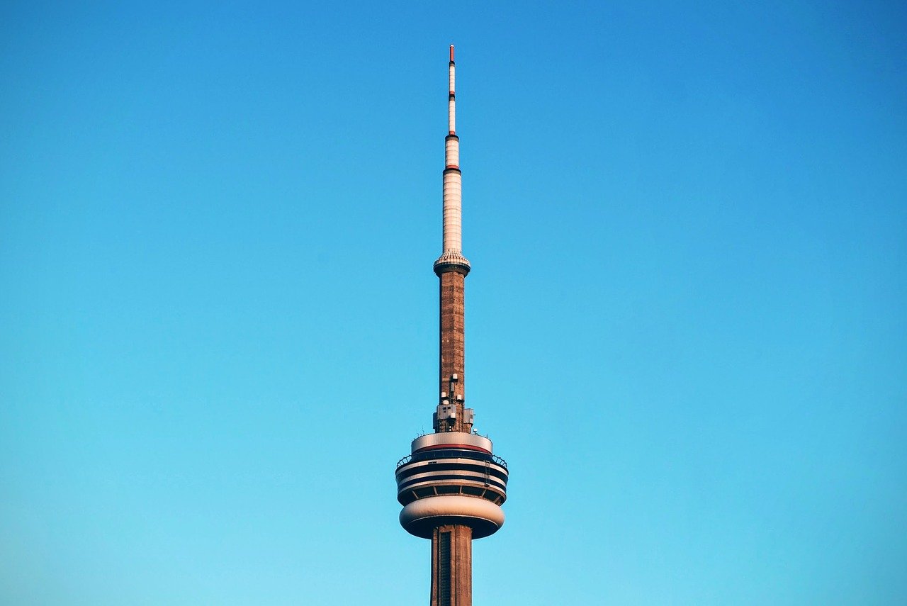 Upper portion of the CN Tower in Toronto, Canada.