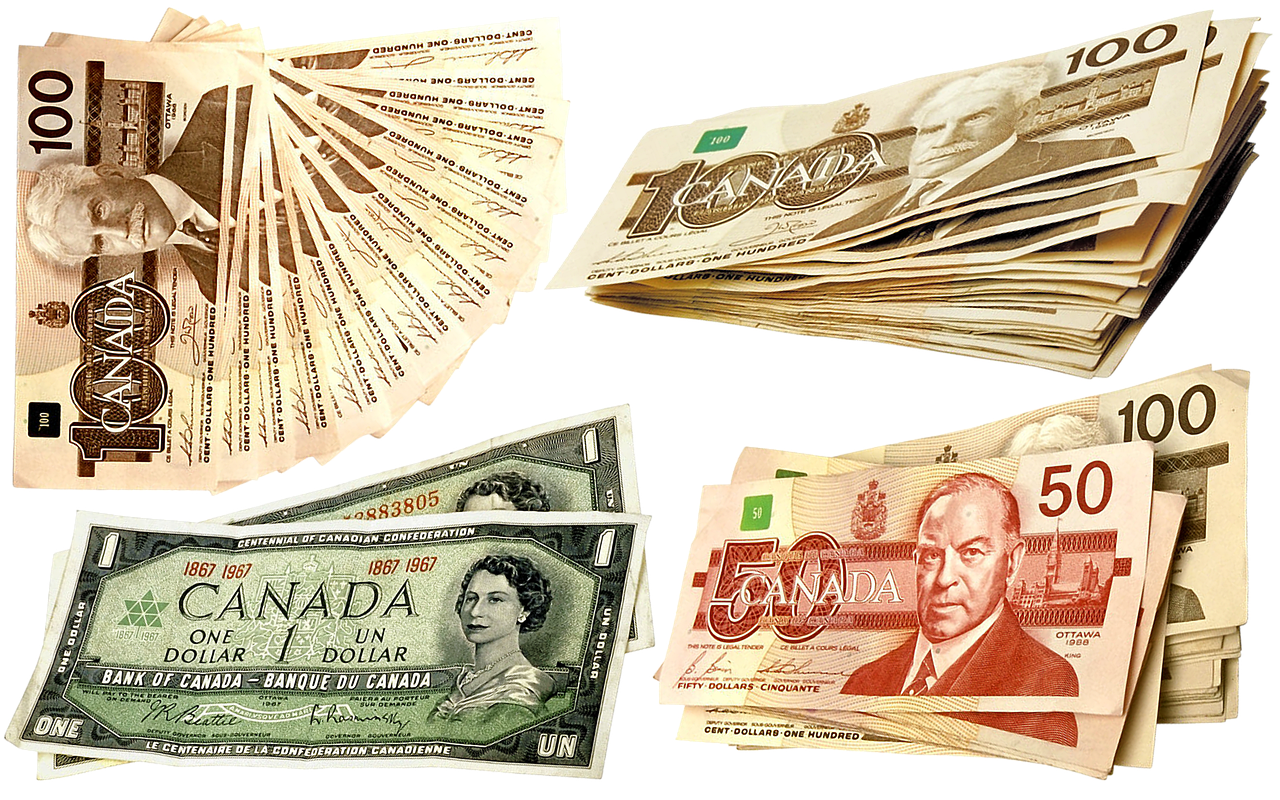 Canadian currency ($50, $100, $1 bills) on white background.