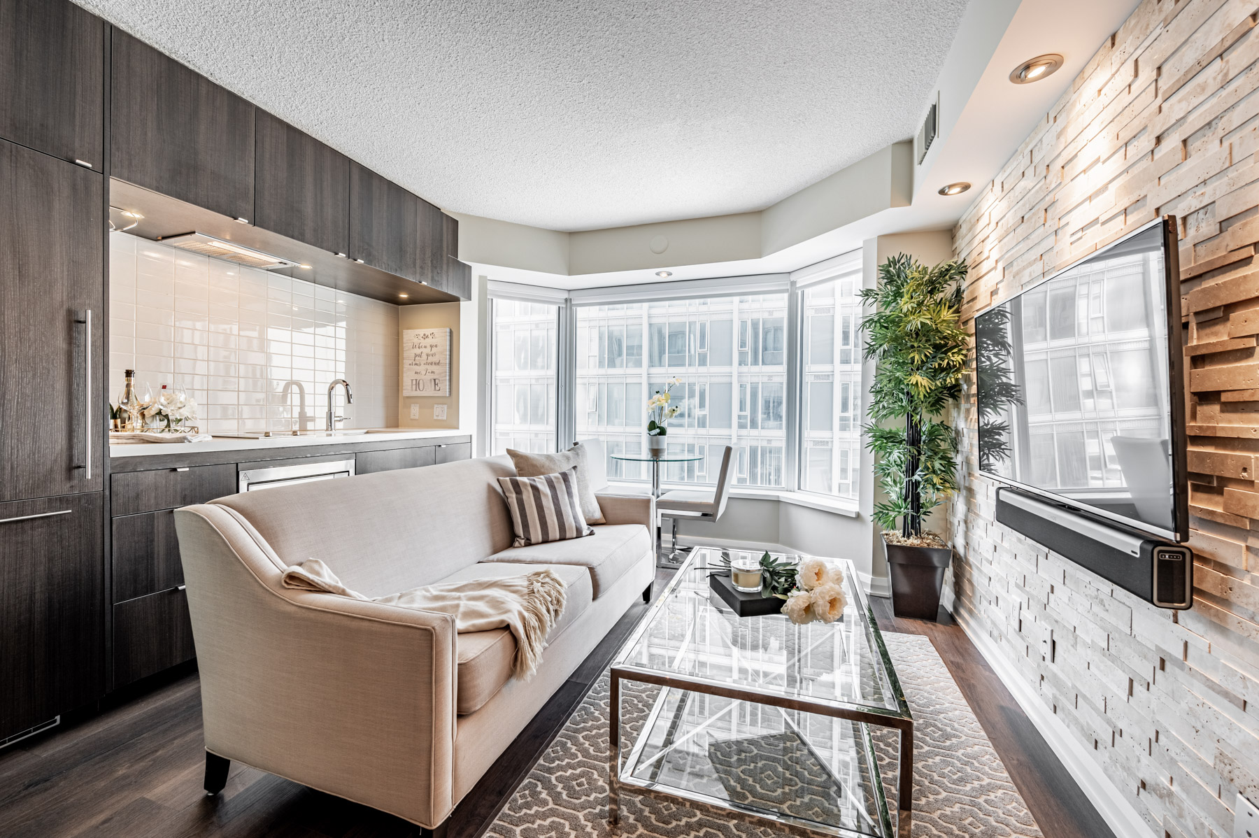 Living room with large windows.