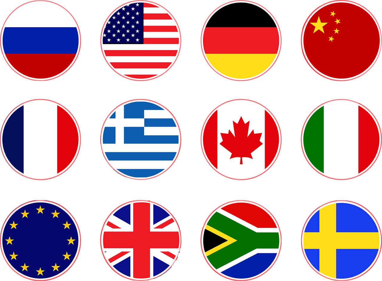 Flags of different countries like US and Canada and Germany and France and so many others.