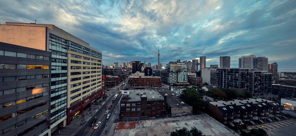 View of King West Toronto from rooftop of building.