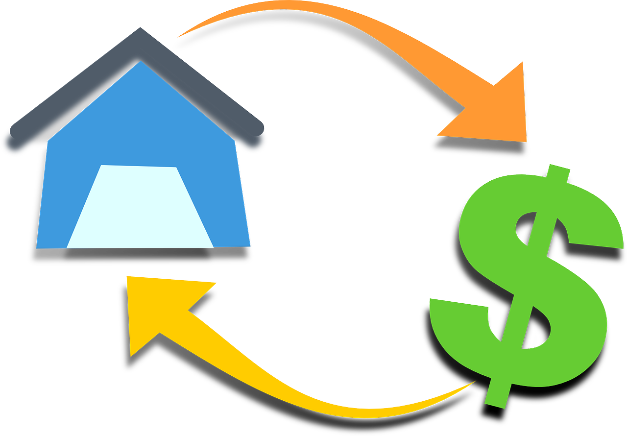 Clip art of house, arrows and dollar sign.
