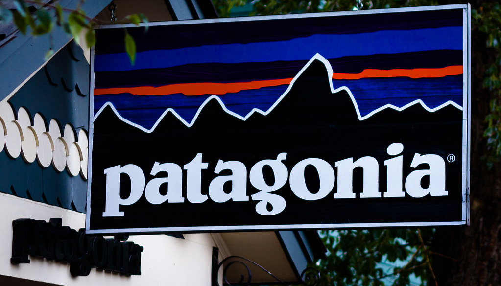 blue and black Patagonia store sign.