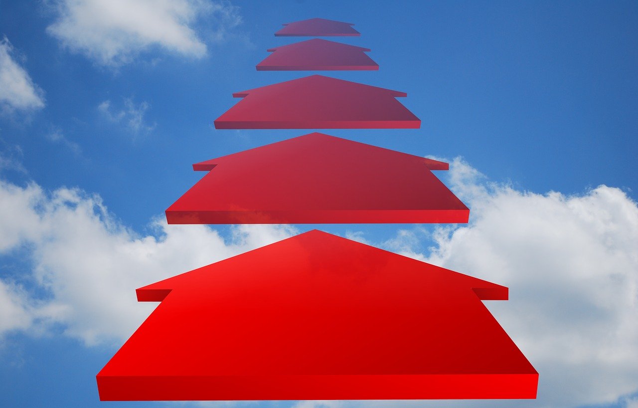 Red arrows resembling houses pointing up superimposed on blue sky