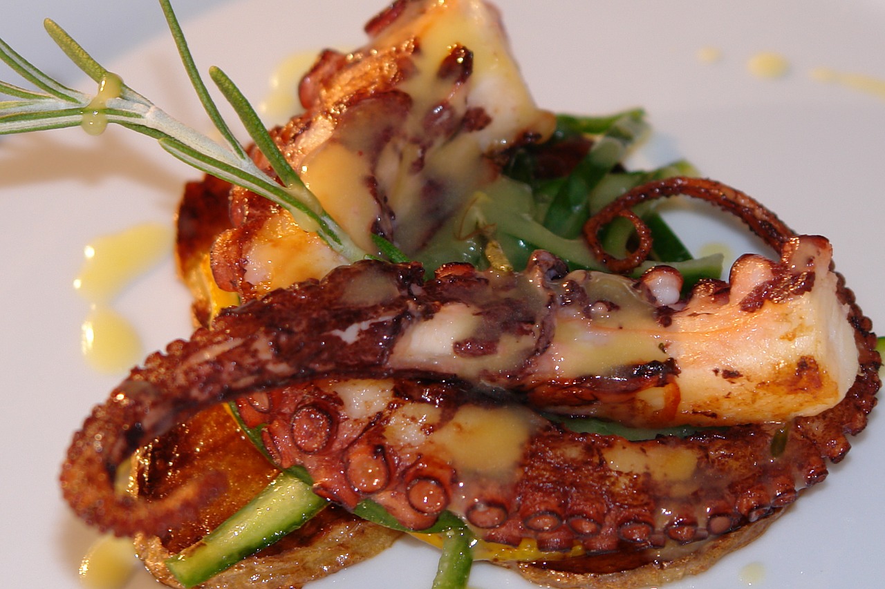 This photo shows a grilled octopus and some other food.