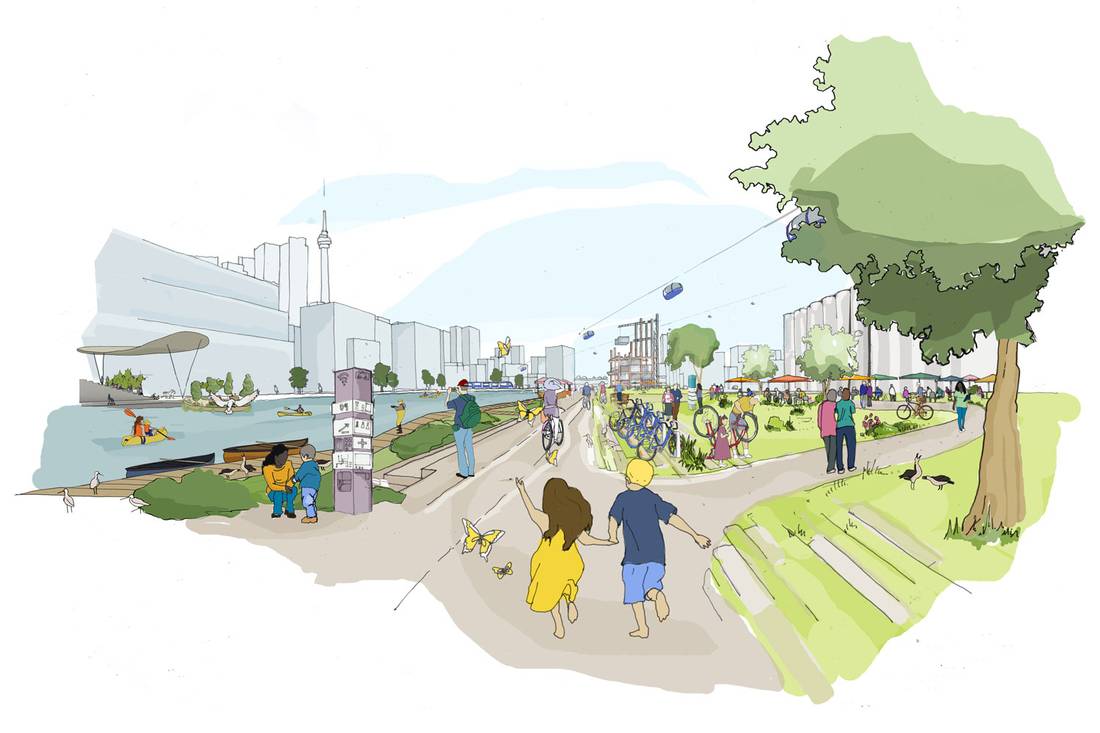 Drawing of Sidewalk Toronto at Quayside on the Toronto Waterfront. We see a rather unique balance of people and nature. Image belongs to Google Sidewalk Labs.
