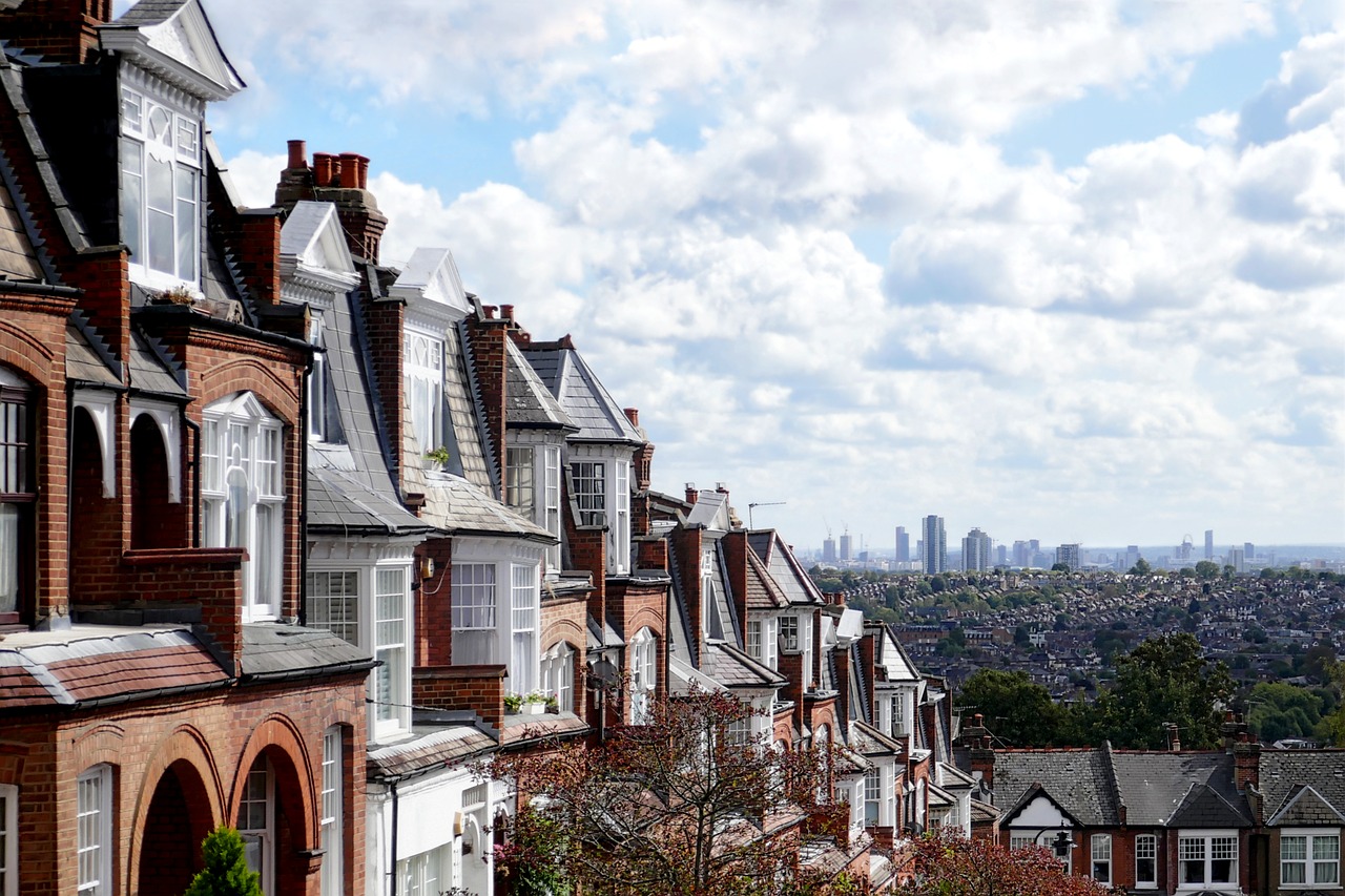 Suburban houses foreground, city in background. 