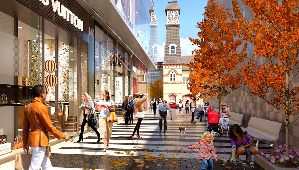 3D render of Yorkville shops and trees. 