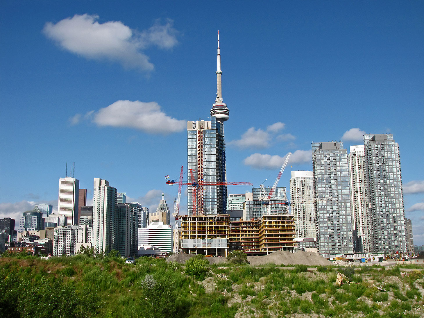 Construction cranes and CN Tower in Toronto seen from distance.