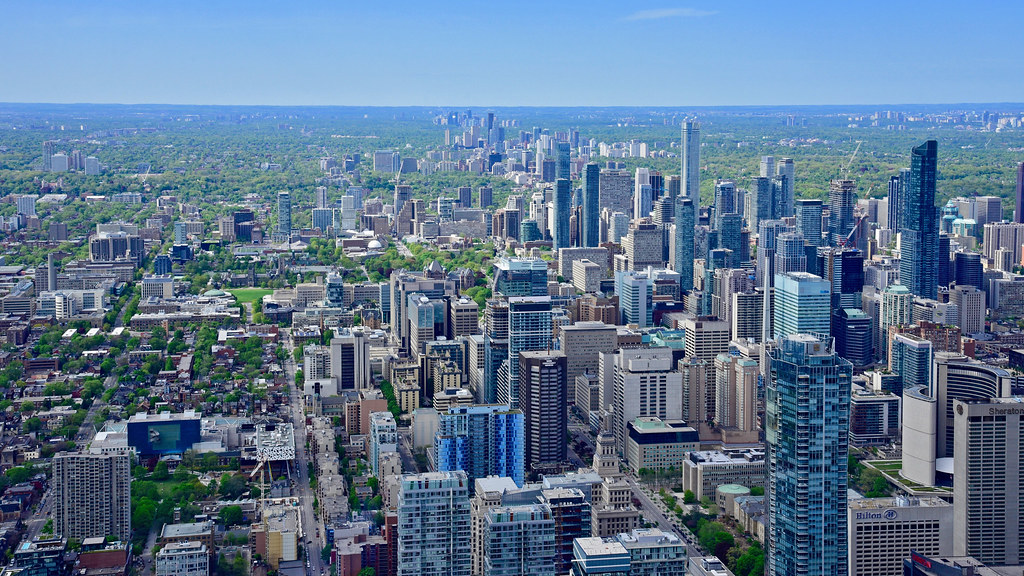Arial view of Toronto skyline including the GTA.