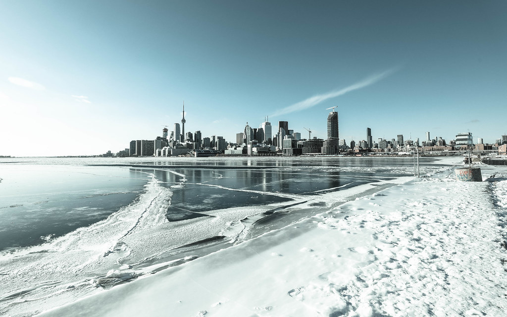 Toronto skyline in winter from frozen Lake Ontario.