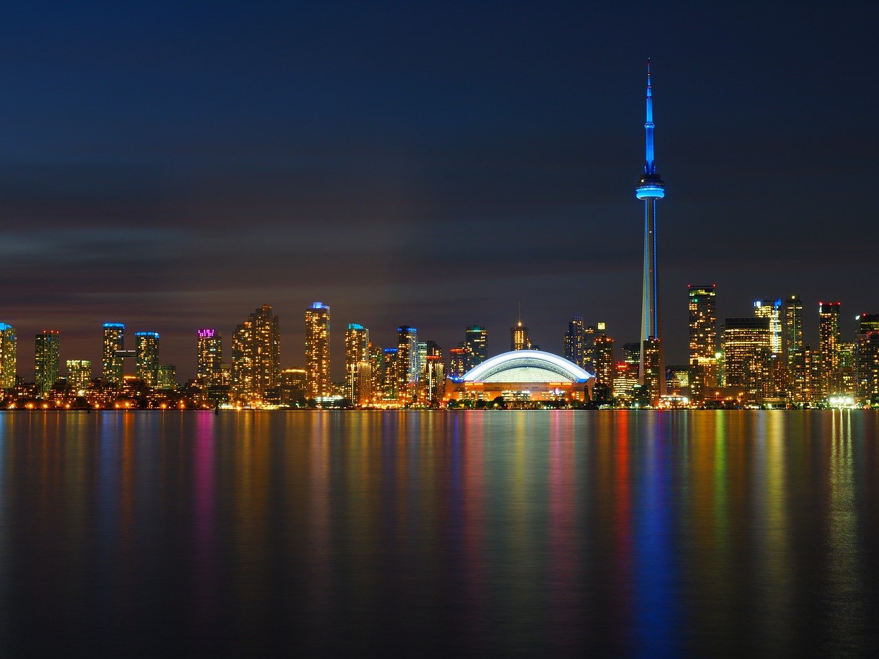 Toronto skyline at night from Lake Ontario.