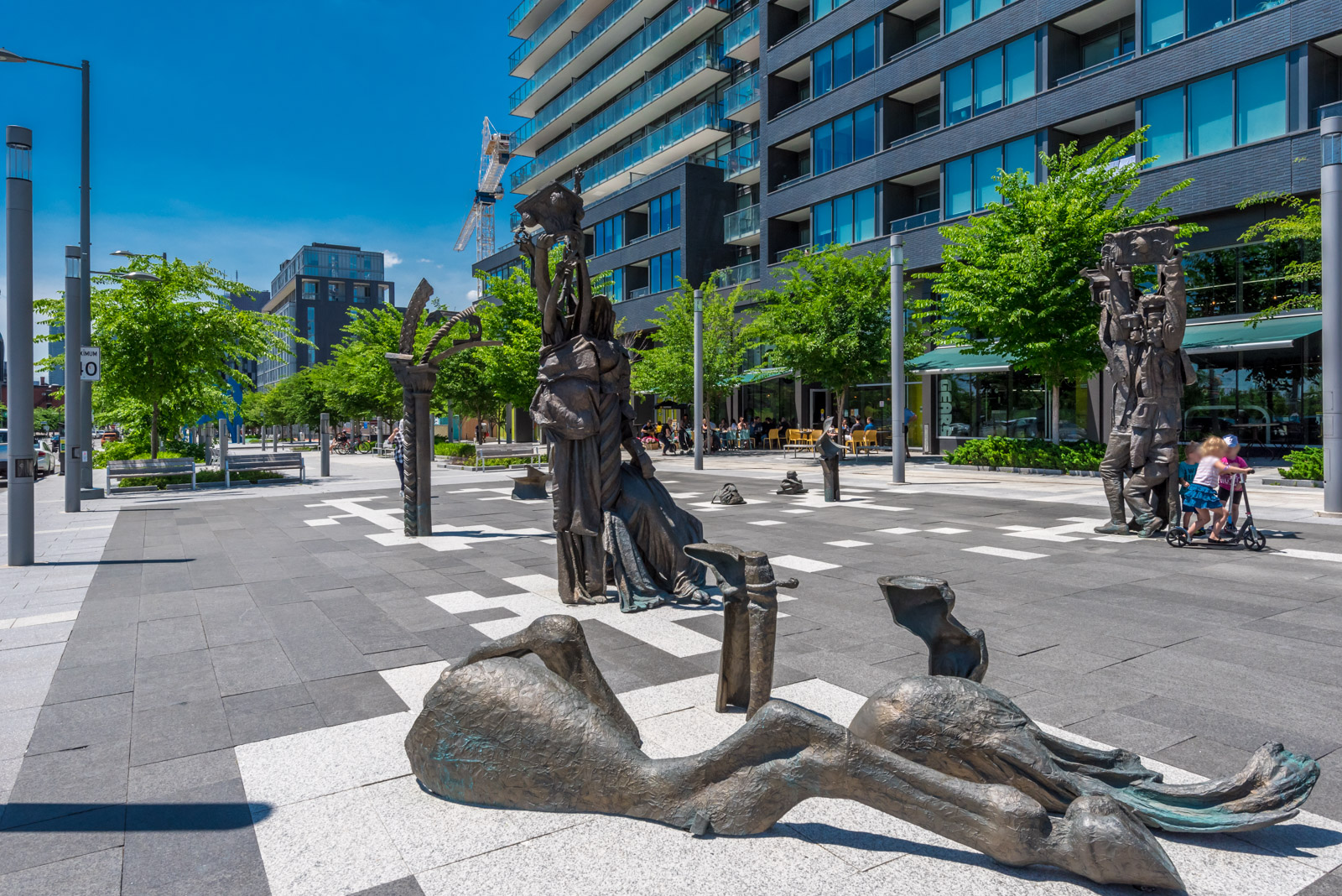 Outside shot of Corktown and its statues.