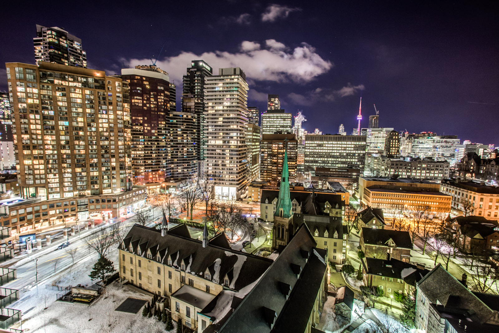 A balcony view of the Bay Street Corridor at night.