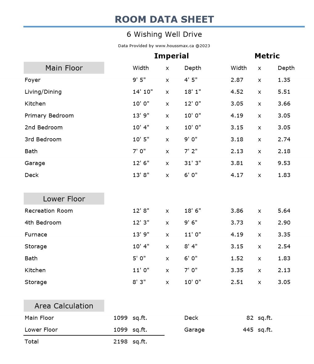 Room measurements for 6 Wishing Well Dr