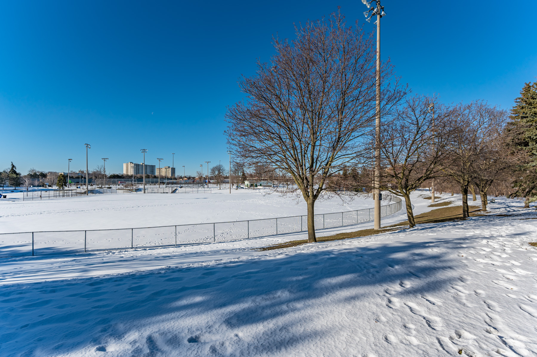 Wishing Well Park baseball diamond in winter.