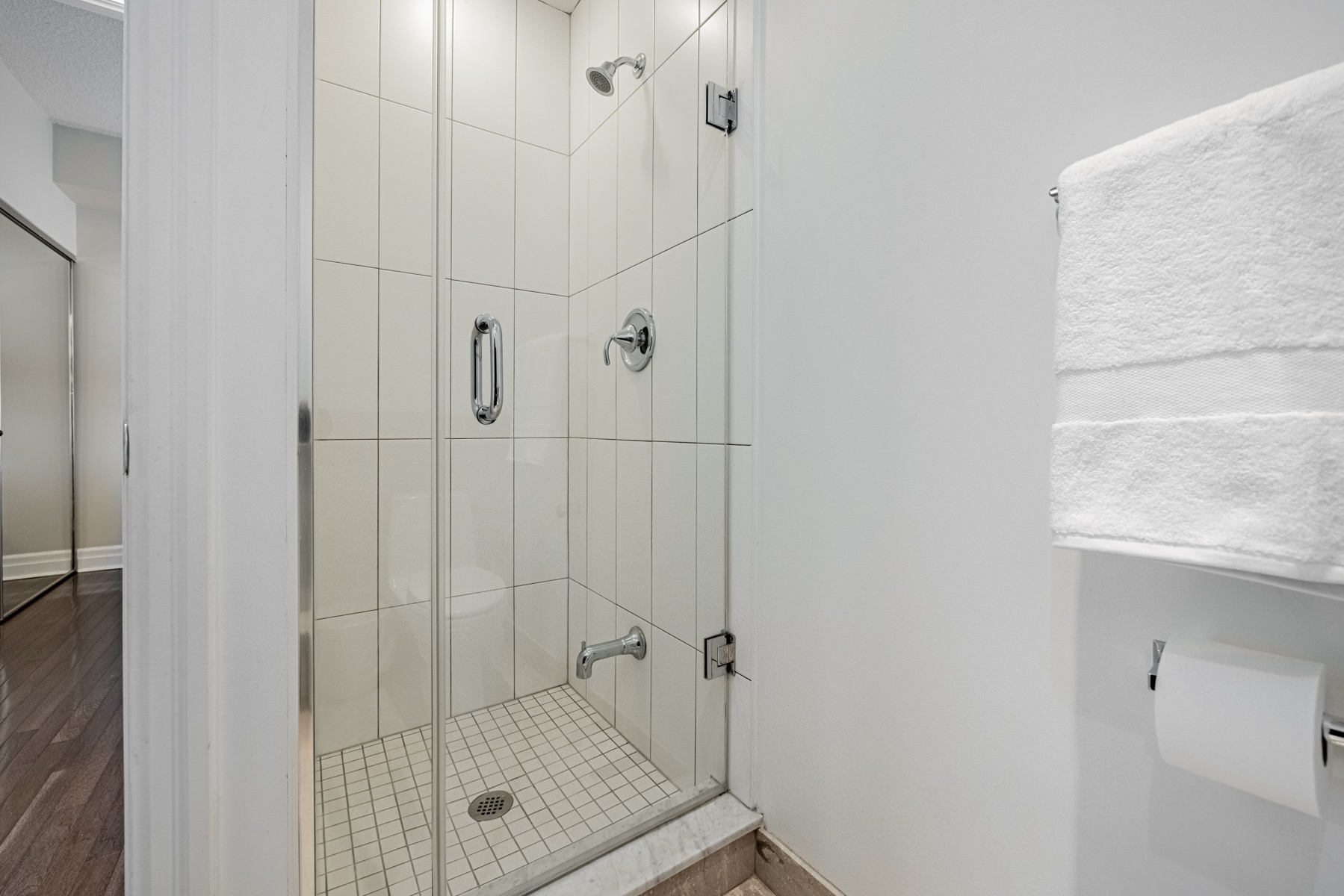 Bathroom walk-in shower with glass doors.