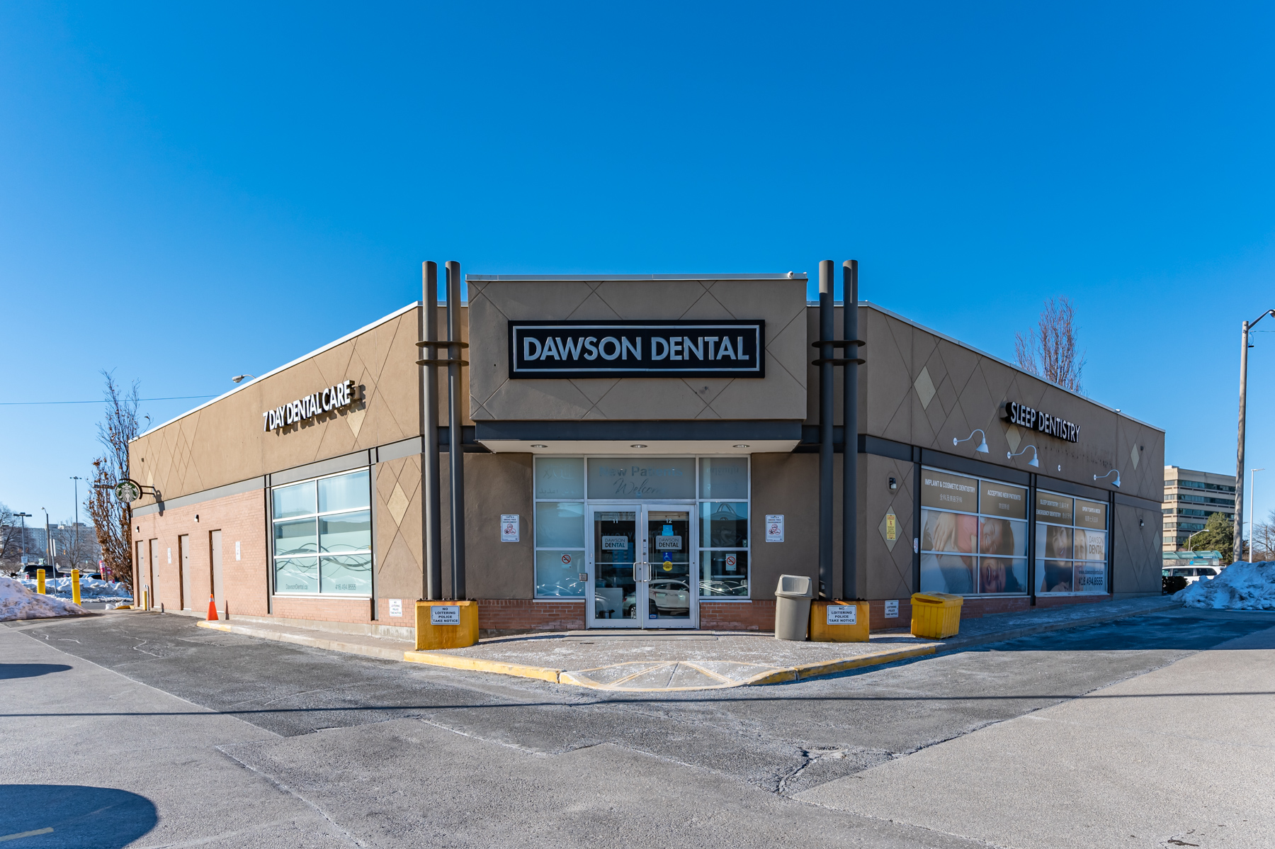 Dawson Dental clinic exterior with no cars or people.
