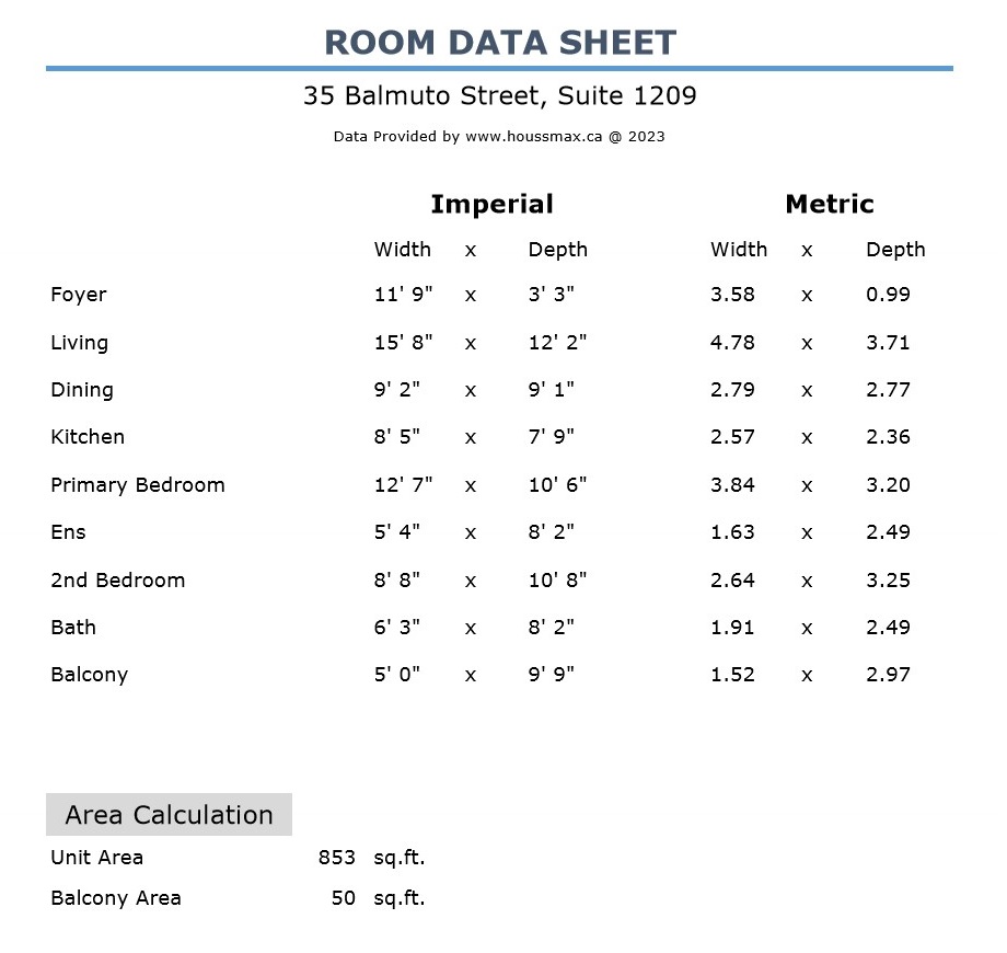 Room measurements for 35 Balmuto St Unit 1209.
