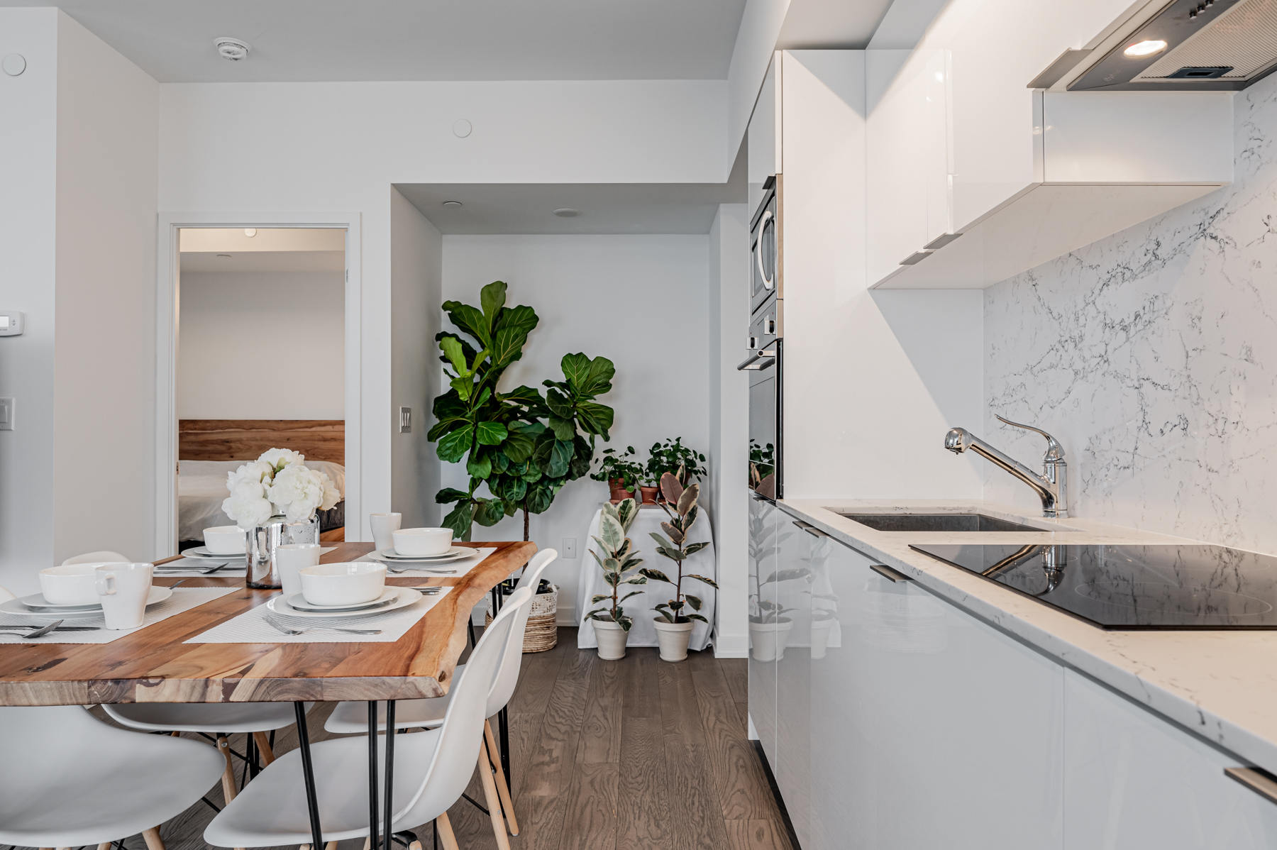 Condo kitchen with corner nook filled with plants.