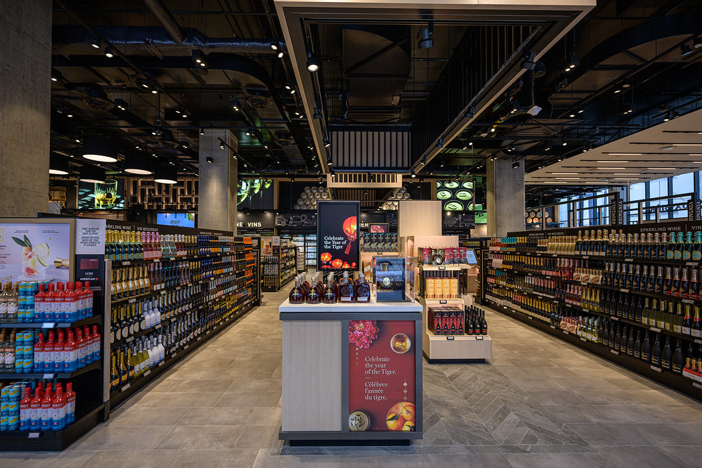 LCBO store in Ontario with neatly arranged bottles of alcohol on shelves.