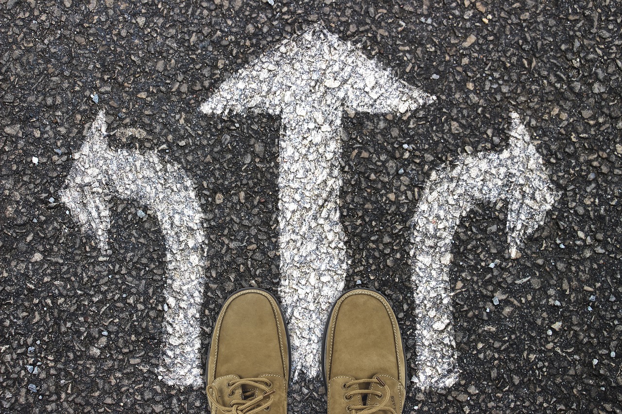 Feet with arrows pointing in different directions to show uncertainty. 