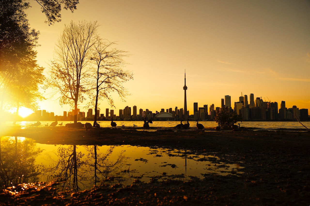Toronto skyline and nature at dusk from across Lake Ontario.