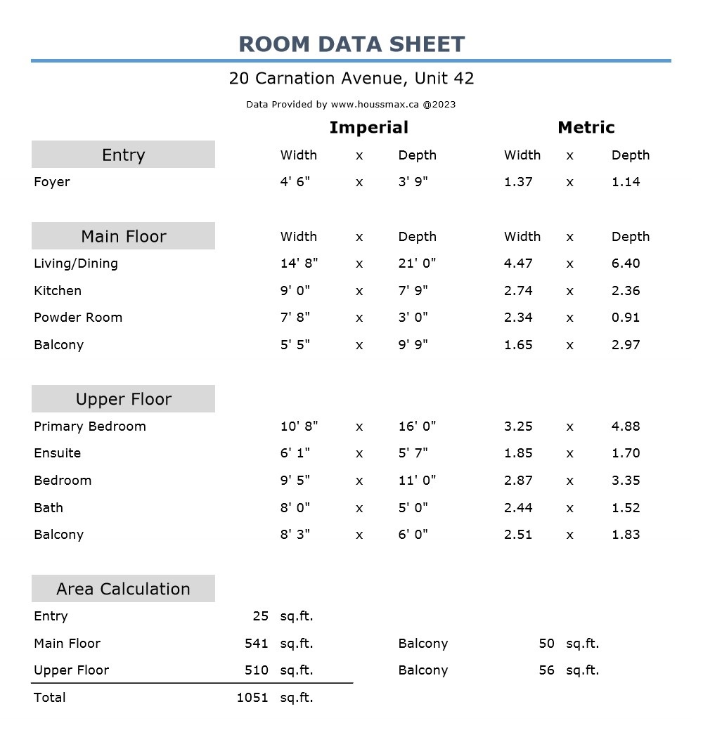 Room measurements for 20 Carnation Ave Unit 42.