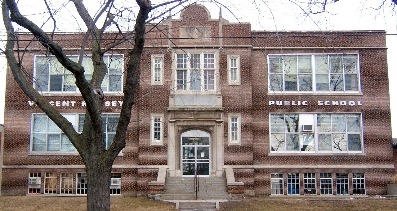 Brown brick exterior of Vincent Massey Public School. 