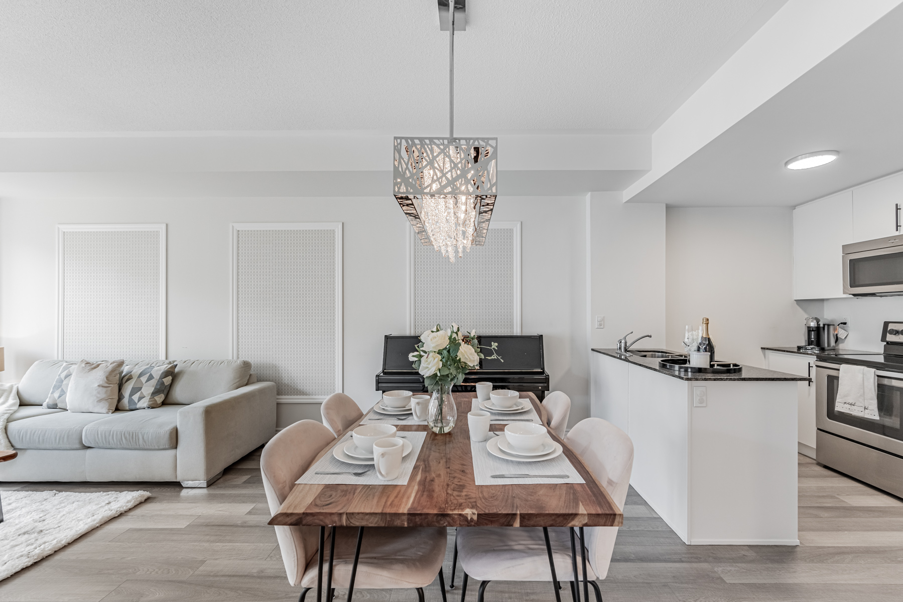 Beautiful dining room chandelier with LED lights.