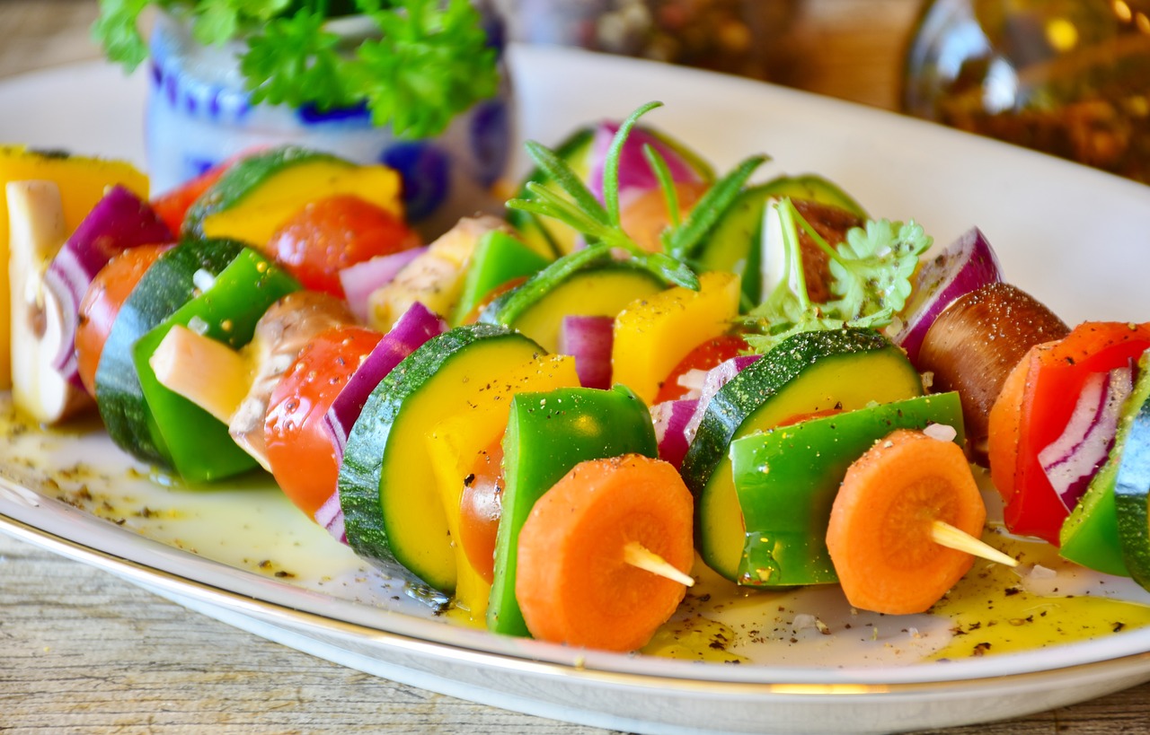 Platter of skewered vegetables.