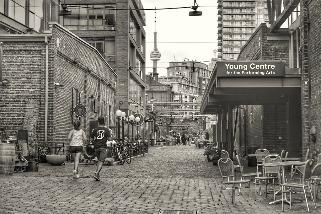 Black and white photo of Yonge Centre for Performing Arts in Distillery District Toronto.