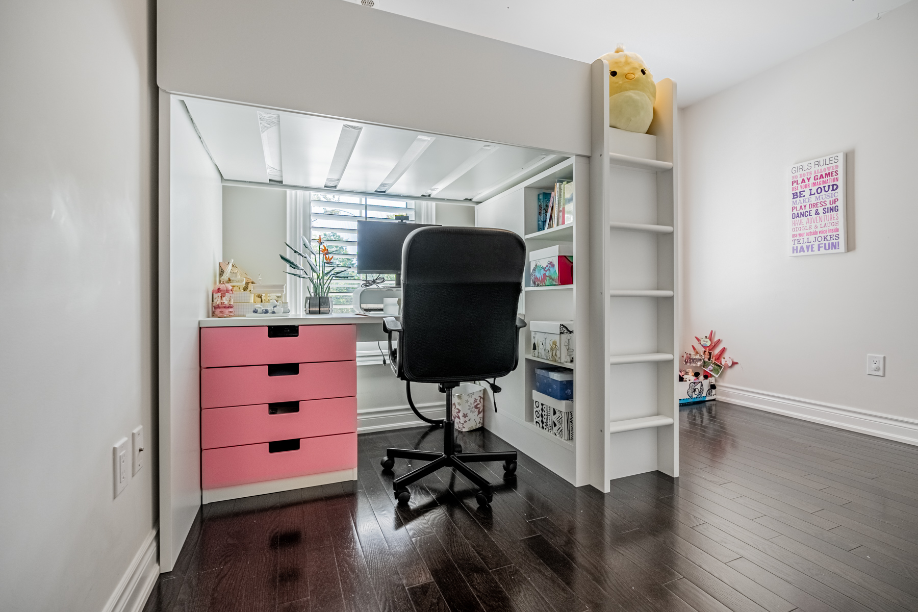 Storage loft bed with desk, computer, chair and books.