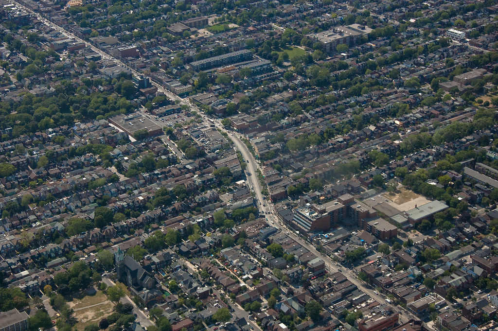 Aerial view of Toronto's Palmerston-Little Italy neighbourhood showing houses and roads.