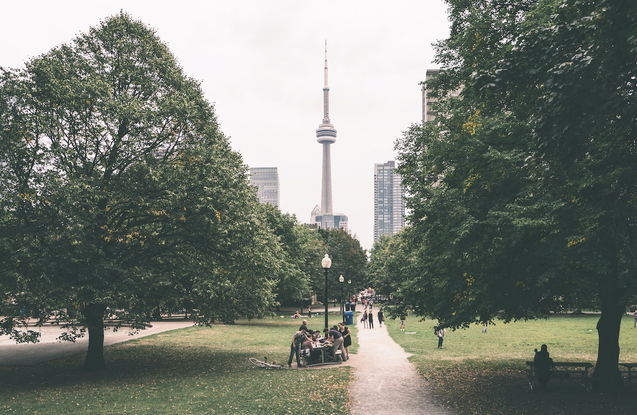 View of CN Tower from park to show balance achieved in July 2023 housing market.