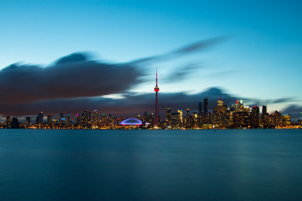Dark clouds over Toronto skyline as seen from Lake Ontario.