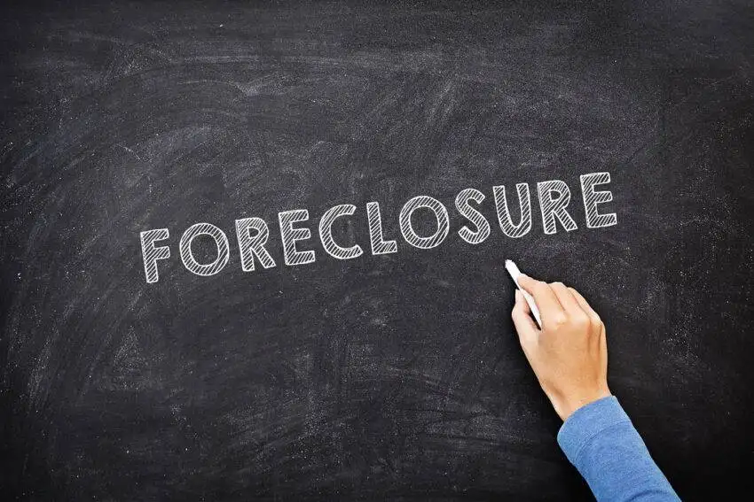 Word FORECLOSURE written on blackboard in white chalk.