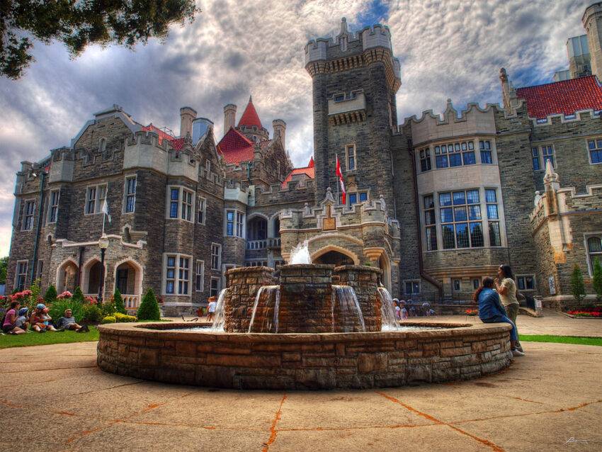 Fountain and exterior of Casa Loma, a Gothic revival castle in Toronto.