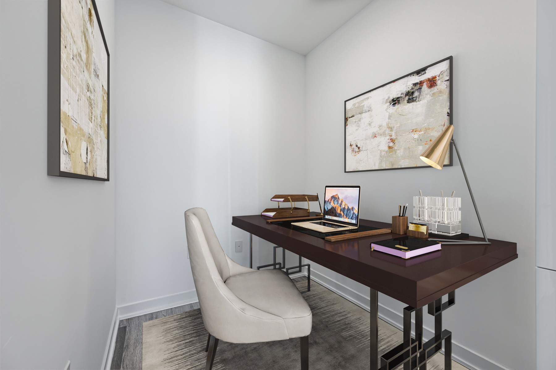 3D render of 11 Wellesley St W Unit 507's den being used as a home office.
