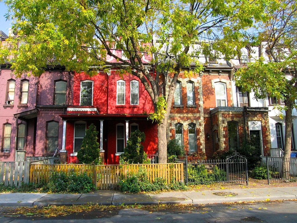 Colourful Victorian row houses in Cabbagetown, Toronto. 