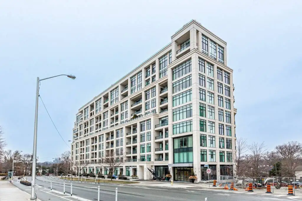 Across the street view of Two Old Mill Condos, a low-rise 10-storey condo.