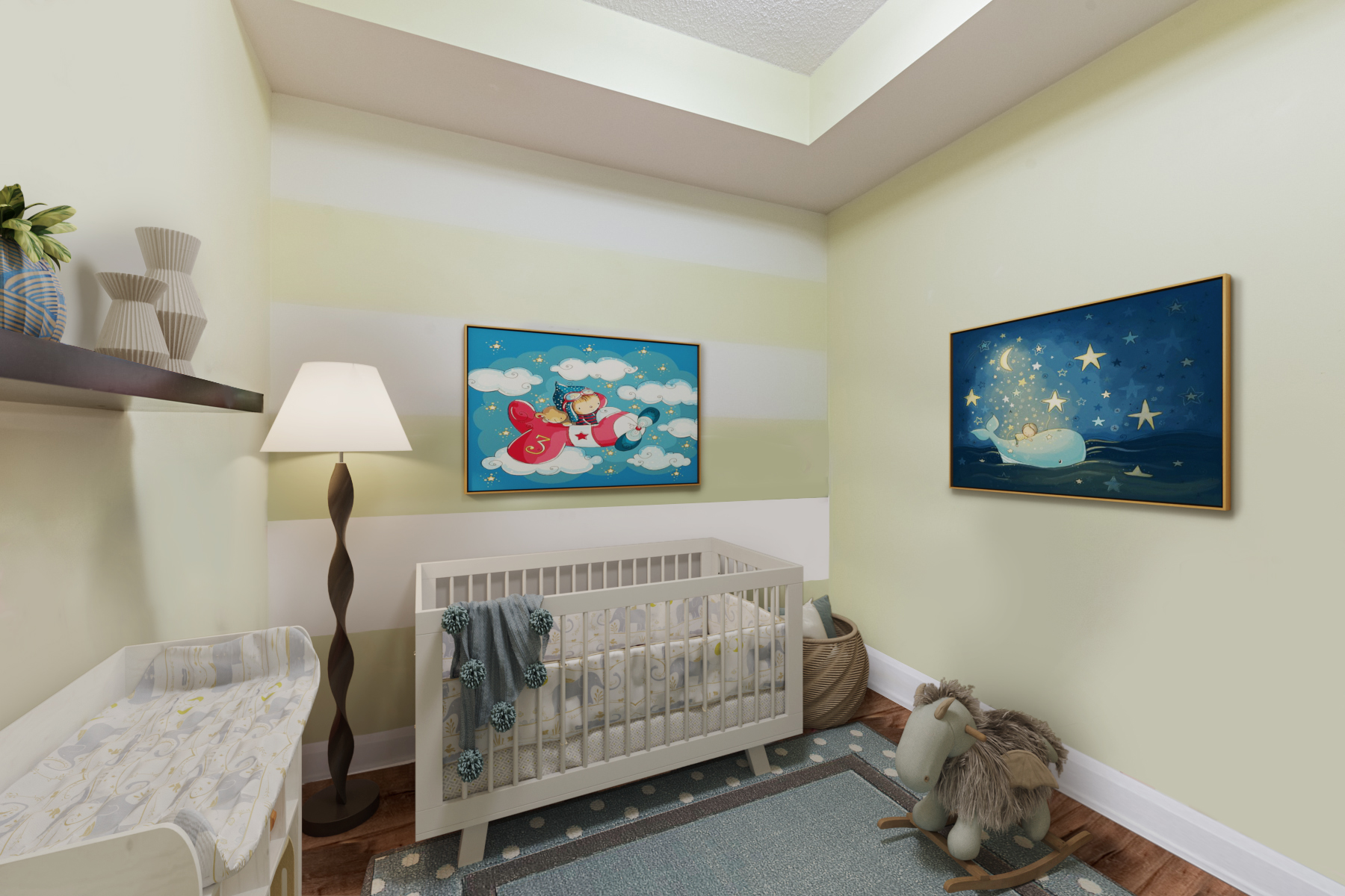 3D render of 2 Old Mill Dr Unit 215's den being used as a nursery with cradle and toys.