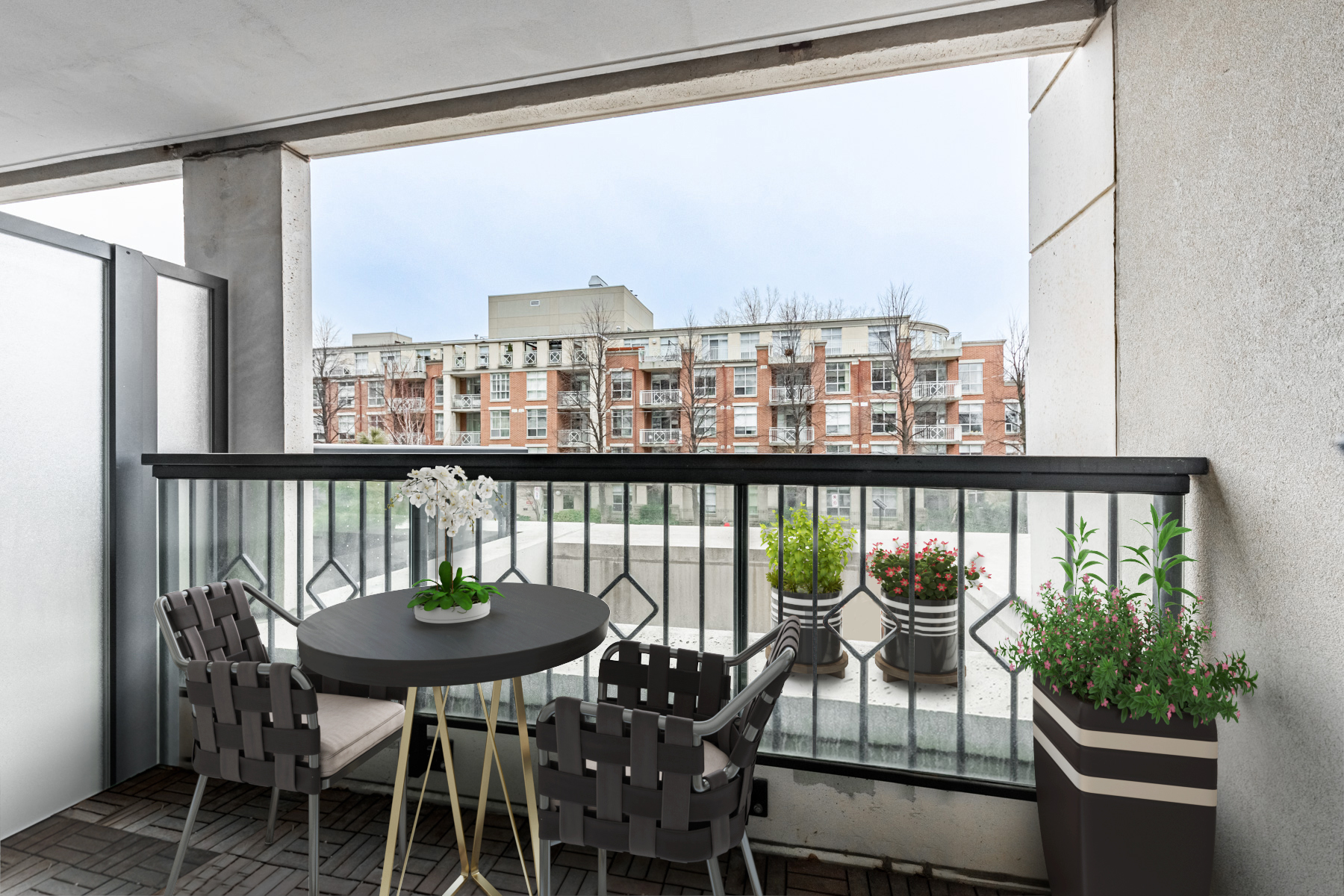 Condo balcony with 3D rendered patio table and chairs.