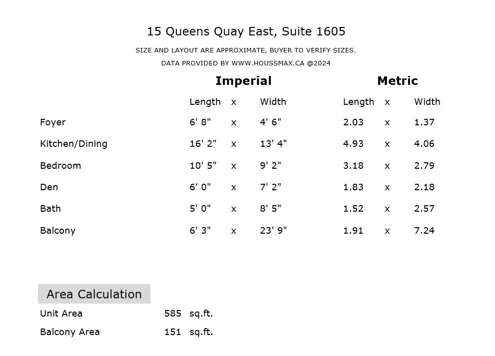 Room measurements for 15 Queens Quay E Suite 1605