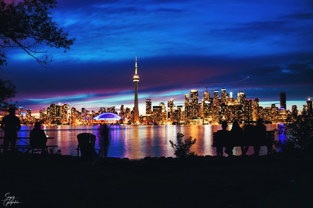 View of Toronto skyline at night from Centre Island.