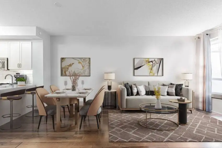 Gorgeous living room, dining room and kitchen of 2 Old Mill Dr Unit 215.