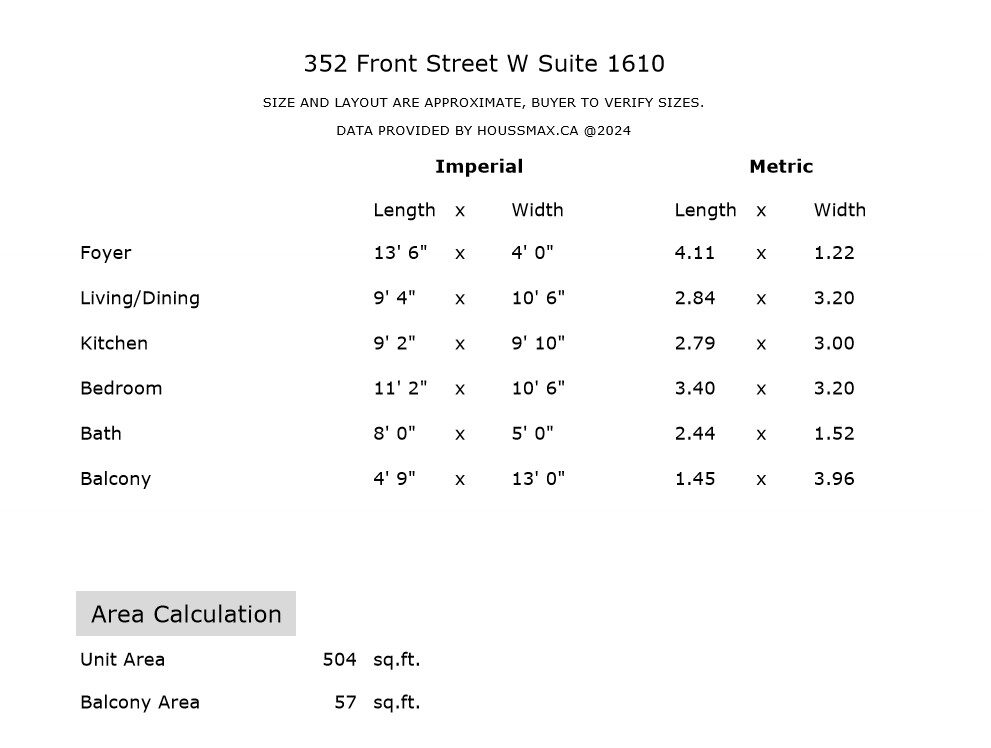 Room measurements for 352 Front St W Unit 1610.