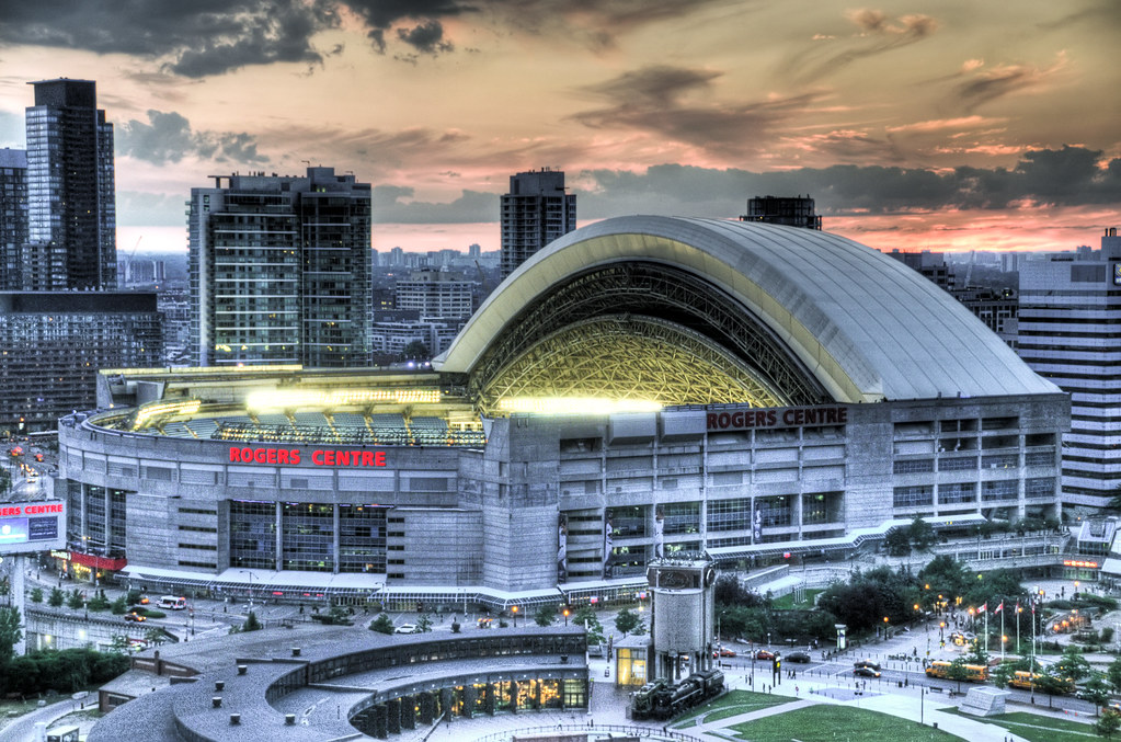 Rogers Centre sports stadium in Toronto with its dome open.