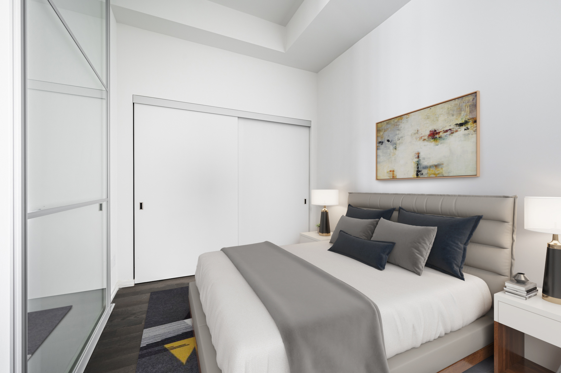 5 Soudan Ave Unit 1702 2nd bedroom with 3D rendered bed and furniture.
