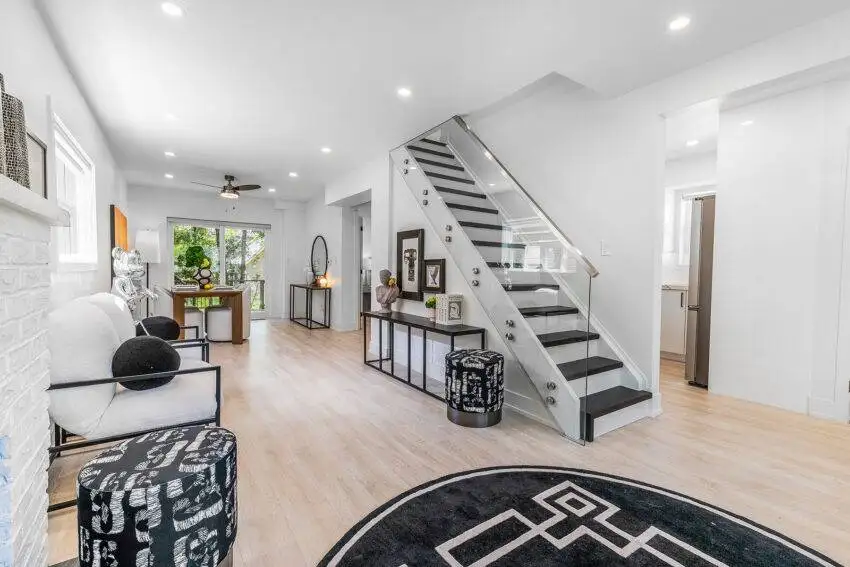 54 Huntington Avenue modern living room, dining room and stairs.